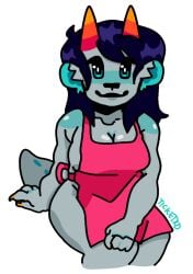 1girls alien apron apron_only black_hair blue_eyes chubby chubby_female girl_only grey_body homestuck homestuck_troll horns latula_pyrope smile tail