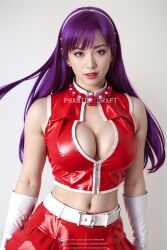 1girls ai_generated athena_asamiya big_breasts brown_eyes cleavage collar female gloves hair_ornament headband king_of_fighters latex light-skinned_female light_skin lipstick long_hair pale-skinned_female pale_skin phantom_draft purple_eyes purple_hair skirt tied_hair voluptuous