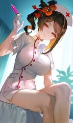 1girls ai_generated big_breasts breasts brown_hair chiori_(genshin_impact) crossed_legs genshin_impact large_breasts looking_at_viewer nurse nurse_cap nurse_uniform red_eyes solo themallowkit