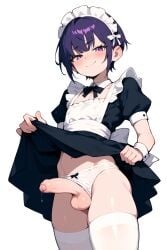 ai_generated cum_drip cute femboy foreskin lifting_skirt maid original otoko_no_ko penis penis_out petite precum purple_eyes seductive self_upload smug white_background white_panties