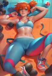 big_ass green_eyes gym gym_uniform kasumi_(pokemon) kasumi_(pokemon) leggings looking_at_viewer orange_hair pokemon smile sports_bra spread_legs sweat wet wet_pussy