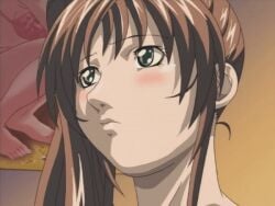 00s 2003 animated animated bible_black blush brown_hair embarrassed female green_eyes hair_ornament imari_kurumi lowres open_mouth ponytail shy side_ponytail smile tagme