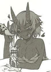 1boy 1girls aka_oni colorless drunk female hearts_around_head holding_penis large_breasts licking_lips monster_girl_encyclopedia oni oni_horns pouring_liquid pouring_on_penis sake sake_bottle white_background