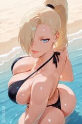 1girls ai_generated ass back_view bangs beach big_breasts bikini blonde_hair blue_eyes breast_focus breasts chorizai female female_only huge_ass ino_yamanaka kunoichi large_breasts light-skinned_female light_skin looking_at_viewer naruto naruto_(series) naruto_shippuden ninja ocean ponytail rear_view sfw sweat sweaty thick_ass thong thong_bikini yamanaka_ino