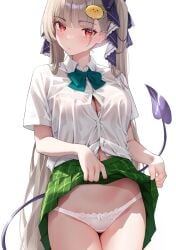 absurdres alternate_costume azur_lane blush bow bowtie bra_visible_through_clothes button_gap classic_(zildjian33) closed_mouth clothes_lift cowboy_shot demon_tail female formidable_(azur_lane) green_bow green_bowtie green_skirt grey_hair hair_ornament highres lifting_own_clothes long_hair looking_at_viewer navel paid_reward_available panties plaid_clothes plaid_skirt pleated_skirt red_eyes sainan_high_school_uniform school_uniform shirt short_sleeves simple_background skirt skirt_lift solo tail thighs to_love-ru twintails underwear very_long_hair white_background white_panties white_shirt