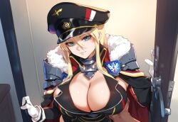 1boy 1girls ai_generated azur_lane big_breasts bismarck_(azur_lane) blonde_hair blue_eyes breasts dark-skinned_male enormous_breasts grabbing_breasts hat huge_breasts large_breasts light-skinned_female looking_at_viewer looking_pleasured smiling smiling_at_viewer