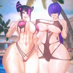 2girls 3d 3d_model abs areola_bulge areolae_peeking belly belly_button big_breasts blush breasts breasts_on_breasts chiseled_abs female fit_female hand_on_breast hand_on_hip huge_breasts juri_han kiminodonuts king_of_fighters koikatsu lips looking_at_viewer nipple_bulge nipples_visible_through_clothing palm_tree pink_eyes pink_lips pink_swimsuit poolside purple_hair round_breasts shermie_(kof) smiling snk street_fighter street_fighter_6 sweat sweatdrop sweating swimsuit swimwear tagme thick_hips thick_legs thick_lips thick_thighs thin_waist thong toned_body toned_female toned_stomach video_game_character voluptuous voluptuous_body voluptuous_female