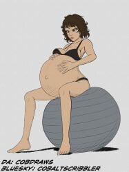 bare_belly bare_legs belly belly_button big_belly brown_eyes brown_hair brown_hair cleavage cobaltscribbler exposed_midriff exposed_navel feet fingernails huge_belly massive_belly navel outie outie_navel persona persona_5 popped_navel preg preggo pregnant pregnant_belly pregnant_female sadayo_kawakami thighs toenails toes underwear yoga_ball