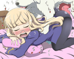 all_fours bed bestiality blonde_hair blush canine closed_eyes clothed_sex clothing doggy_style female glasses heart kani_club long_hair open_mouth panties panties_under_pantyhose pantyhose penis perrine_h_clostermann pillow sex strike_witches zoophilia