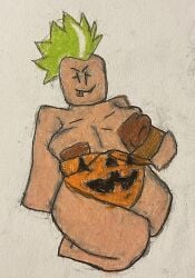 brown_nipples flashing flashing_breasts green_hair halloween_costume orange_clothing roblox robloxian tongue_out zoyeensadart