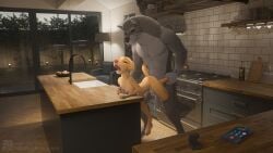 2024 adam_wan anthro cum_inside detailed_background halloween kitchen labrador male/female no_text no_text_version size_difference vaginal_penetration wolf zaush