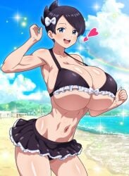 1girls :d absurd_res beach bikini black_hair bow breasts cleavage cloud cowboy_shot creatures_(company) frilled_bikini frills game_freak hair_ornament heart hi_res hitokiwa_kenchin huge_breasts looking_at_viewer marley_(pokemon) nintendo ocean open_mouth outdoors pokemon pokemon_dppt rainbow short_hair sky smile solo sparkles standing swimsuit toned toned_female underboob upper_teeth upper_teeth_only