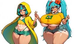 2girls aged_up ai_generated blue_bikini blue_eyes blue_hair blush brazilian_miku cross_necklace holy_year_2025 hood large_breasts luce_(vatican) narrow_waist raincoat seductive_smile short_hair smile tagme thick_thighs varek_daemonium_(artist) wide_hips