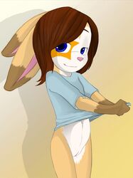 anthro bottomless clothes female fur furry iirexii lagomorph mae mammal paige pussy rabbit shirt solo young