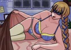 bed_invitation beyblade beyblade_x big_breasts blonde_hair blue_underwear female glasses lingerie long_hair meiden_meiko pluchearts underwear