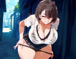 1girls ai_generated alley azur_lane baltimore_(azur_lane) bent_over big_breasts black_bra black_lingerie black_panties black_skirt black_tie bra breasts brown_hair cleavage large_breasts lucyla one_eye_closed outdoors panties see-through see-through_clothing see-through_shirt short_hair skirt smile smiling solo sweating sweaty sweaty_breasts tie undressing uniform wet wet_t-shirt white_shirt wink winking_at_viewer yellow_eyes