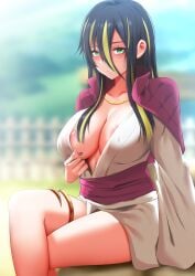 albis_(tensei_shitara_slime_datta_ken) areola_slip bare_legs bare_thighs big_breasts blush breasts cleavage collarbone ginhaha green_eyes japanese_clothes kimono long_hair multicolored_hair nail_polish necklace nipple_slip nipples no_bra outdoors parted_lips sitting tensei_shitara_slime_datta_ken thigh_strap thighs white_kimono