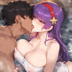 1girls ai_generated athena_asamiya big_breasts breasts busty female hair_ornament headband hot_spring king_of_fighters kissing licking light-skinned_female light_skin long_hair pale-skinned_female pale_skin purple_hair saliva sauna star tharkica tied_hair tongue towel voluptuous voluptuous_female water wet_clothes wet_clothing wide_hips