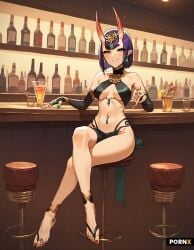 ai_generated bar_stool barefoot belly_button_piercing fate_(series) legs_crossed loincloth shuten_douji_(fate) smile tubetop