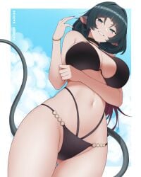 1girls animal_ears bikini black_bikini black_hair blue_sky border breasts commentary cowboy_shot female green_eyes grin jane_doe_(zenless_zone_zero) kaos_art large_breasts mouse_ears mouse_girl mouse_tail multicolored_hair navel paid_reward_available patreon_username red_hair sky smile solo stomach swimsuit tail thighs two-tone_hair white_border zenless_zone_zero