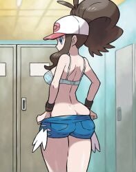 ai_generated blue_bra bra brown_hair brunette_female hilda_(pokemon) jean_shorts lace-trimmed_bra lace_trim light-skinned_female light_skin locker_room long_hair pokemon_bw roastiegens short_shorts undressing