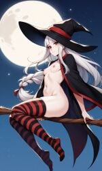 1girls ai_generated broom broom_riding broomstick cherrae_(kosine1777) cloak cunny first_porn_of_character flat_chest freckles kosine1777 kosineverse large_hat long_hair moon night night_sky nipples nude original original_character pussy red_eyes single_braid skull small_breasts stockings striped_stockings white_hair witch witch_hat