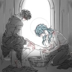 aoba_seragaki bible black_hair blue_hair blush dramatical_murder feet feet half-dressed half_naked handjob highlights_(coloring) jesus_christ judas judas_and_jesus light_blue_hair looking_at_another looking_at_partner looking_down religion scar scars scars_all_over slow_damage towa towa_(slow_damage) washing washing_foot yaoi yaoi_jesus yaoi_judas