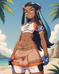 1futa ai_generated beach covered_nipples dark_skin dark_skinned_female dickgirl erect_nipples erection exhibitionism fit futality futanari futanari large_balls large_cock large_penis large_testicles looking_at_viewer medium_breasts nessa_(pokemon) outdoors pants_down pants_pull pokemon sagging_balls smirk smug solo swimsuit taker_pov tan_body tanline