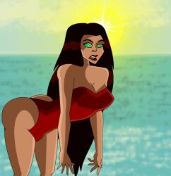 animated beach bending_over_position hypnosis hypnotic_eyes kaa_eyes marvel marvel_comics open_mouth red_swimsuit scarlet_witch wanda_maximoff webart20