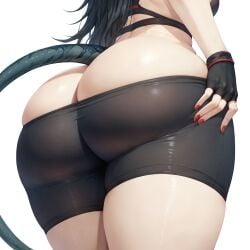 1girls ai_generated aimoonshine ass ass_focus bike_shorts black_gloves black_hair black_shorts black_sports_bra breasts close-up clothes_pull female female_only fingerless_gloves from_behind gloves head_out_of_frame jane_doe_(zenless_zone_zero) long_hair lower_body mihoyo nail_polish red_nails shorts shorts_pull simple_background skindentation solo spats sportswear tail thighs white_background zenless_zone_zero