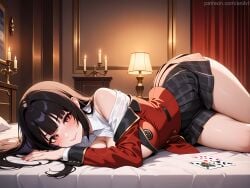 1girls ai_generated anilvl bangs bare_shoulders bed bed_sheet black_bra black_hair black_skirt blazer blunt_bangs blush bra breasts candle candlestand card cleavage closed_mouth collared_shirt hime_cut indoors jabami_yumeko jacket kakegurui lamp large_breasts long_hair long_sleeves looking_at_viewer lying miniskirt nail_polish off_shoulder on_bed on_side open_clothes open_shirt partially_unbuttoned pillow plaid plaid_skirt playing_card pleated_skirt red_eyes red_jacket red_nails school_uniform shirt skirt smile solo thighs underwear white_shirt