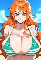 ai_generated bikini blush breasts dark-skinned_male feet female huge_breasts juuicyai massive_ass massive_breasts nami_(one_piece) necktie nipples one_piece orange_eyes orange_hair sweat