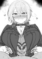 1boy 1girls alternate_breast_size alternate_costume big_breasts blush breast_hold breasts cleavage female happy happy_paizuri happy_sex heart huge_breasts kaiman_garupan large_breasts male medium_hair monochrome motion_blur nijisanji nui_sociere paizuri paizuri_lead_by_female paizuri_on_lap paizuri_under_clothes smile straight virtual_youtuber