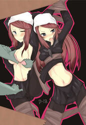 ban_airi blue_eyes blush bondage bra breast_grab breasts clothing devil_survivor_2 groping hat large_breasts long_hair mos1613 nipples pantyhose red_hair scarf school_uniform skirt