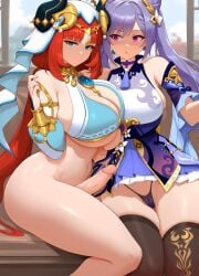 2girls armlet bangs bare_shoulders black_legwear blush breasts censored circlet cleavage erection futa_with_female futanari hair_ornament huge_ass huge_breasts jewelry keqing_(genshin_impact) long_hair looking_at_viewer navel nilou_(genshin_impact) panties penis purple_eyes purple_hair racerai red_hair sitting smile testicles thighhighs thighs thong underwear very_long_hair yuri