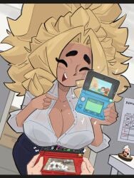 3ds big_breasts blonde_female blonde_hair blonde_hair_female boobs_bigger_than_head bra_visible_through_clothes breasts breasts_bigger_than_head broken_screen cleavage cute cute_expression cute_face kap_o long_hair maria_(kap_o) matt_(wii_sports) mii nintendo nintendo_3ds oc office office_clothing office_lady original original_character streetpass_mii_plaza tagme