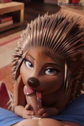 1boy 1girls ai_generated anthro ash_(sing) bare_shoulders cum ejaculating fellatio licking_penis looking_at_viewer male_pov oral penis porcupine seductive_look straight tagme tongue_out topless