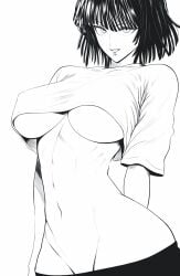 arms_behind_back belly_button big_ass big_breasts black_and_white black_hair bob_cut flat_belly fubuki_(one-punch_man) looking_at_viewer mostlybluewyatt one-punch_man pants_down slim_waist smiling_at_viewer thick top underboob wide_hips