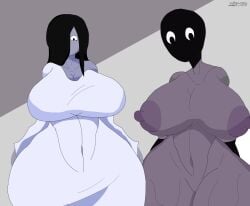 2girls alternate_(mandela_catalogue) big_ass big_breasts big_butt big_nipples dark_hair humanoid kashisbro long_hair mandela_catalogue monster monster_girl n_(mandela_catalogue) scary simple_background the_ring thick_ass thick_thighs white_dress yamamura_sadako