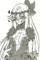 big_breasts colorless cum_on_body elf elf_ears fully_clothed headwear hearts_around_head large_breasts leaf_clothing licking_lips long_hair monster_girl monster_girl_encyclopedia sweat white_background