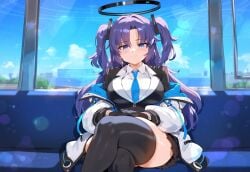 1girls ai_generated blue_archive blue_eyes breasts female female_focus halo huge_breasts large_breasts light-skinned_female looking_at_viewer purple_hair thick_thighs thighs twintails yuuka_(blue_archive)