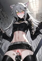 ai_generated anal_vore giantess imminent_anal_vore imminent_facesitting imminent_unbirth lappland_(arknights) living_insertion living_sex_toy micro micro_insertion unbirthing