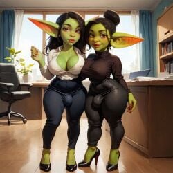 2futas ai_generated big_ears breast_press bulge cleavage clothed covered_nipples futa_only futanari goblin goblin_futanari goblinenthusiast green_skin heels large_breasts office office_clothing office_lady pointy_ears self_upload shortstack standing sweater sweater_puppies thick thighs tight_clothing visible_nipples