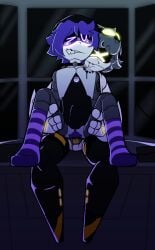 bite_mark crowbahrz cum cum_in_pussy cum_inside futa_on_female futa_sans_balls futa_sans_pussy futanari glitch_productions murder_drones penetration pubic_hair purple_eyes purple_hair purple_pubic_hair socks uzi_(murder_drones) v_(murder_drones) vaginal_penetration yellow_eyes yellow_penis