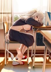 artist_name big_breasts black_nail_polish breast_out casino_(casinoep) classroom crossed_legs feet grey_hair hololive nail_polish sailor_uniform shishiro_botan shoes sitting smiling_at_viewer soles tail teasing toes