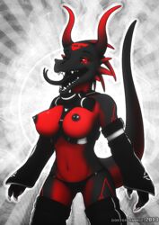 2013 abstract_background anthro arm_warmers armor black_tongue breasts claws clothed clothing doktor-savage dragon dragoness female horn illuminati leg_warmers markings navel nipples open_mouth panties piercing red_eyes savage_(doktor-savage) scalie skimpy smile solo teeth tongue tongue_out underwear