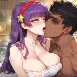 1girls ai_generated athena_asamiya big_breasts breasts busty dark-skinned_male female hair_ornament headband hot_spring king_of_fighters kissing light-skinned_female light_skin long_hair pale-skinned_female pale_skin purple_hair sauna star tharkica tied_hair tongue_out towel voluptuous voluptuous_female water wet_clothes wet_clothing wide_hips