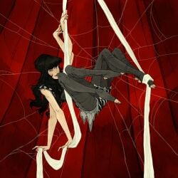 4_arms 4_legs barefoot black_nail_polish dark_eyes dark_hair gymnastics multi_arm multi_leg multi_limb original_character painted_fingernails painted_nails painted_toenails red_background spider_girl spider_web