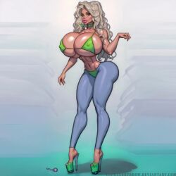 ai_generated big_ass big_breasts bikini_top bimbo bimbo_body bimbo_lips blonde_hair bubble_butt caphalorthrow green_eyes high_heels huge_ass huge_breasts leggings massive_breasts plump_lips tagme the_pitt_(style) thick_ass thick_lips