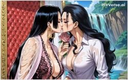 2girls 2milfs 2women ai_generated boa_hancock clothing female female_only flirting girl_on_girl guloyu84 kissing lesbian_couple lesbian_kiss lesbian_sex lovers nico_robin one_piece yuri